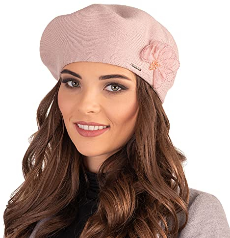 VIVISENCE Baskenmütze Winter Damen Mit Klassischem Schnitt Elegante Mütze Mit Wärmendem Garn Mit Wollzusatz Wintermütze Für Frauen Blumenapplikation Perfekte Anpassung Modell 7036, Rosa,Einheitsgröße