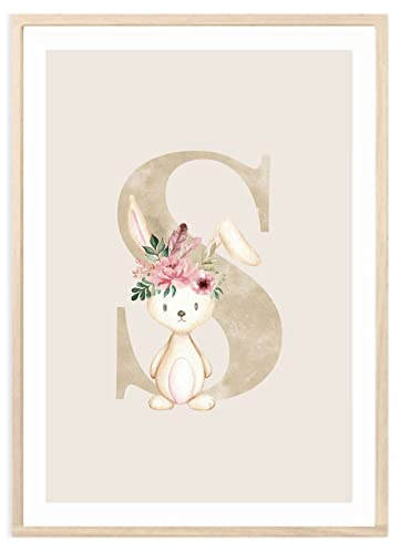 MeinBaby123® Buchstaben Poster DIN A4 Kinderzimmer Mädchen und Junge | Babyzimmer Deko | Bilder Kinderzimmer | Geschenkideen zur Geburt | Geburtsposter | Anfangsbuchstabe Poster S (Hase - S)