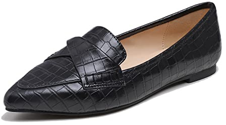 Feversole Women's Loafer Flat Pointed Fashion,Mocassino da Donna a Punta Piatta alla Moda Slip On Comfort Guidare Le Scarpe da Ufficio Nero Croc Pianura Twist Bow Size 38EU