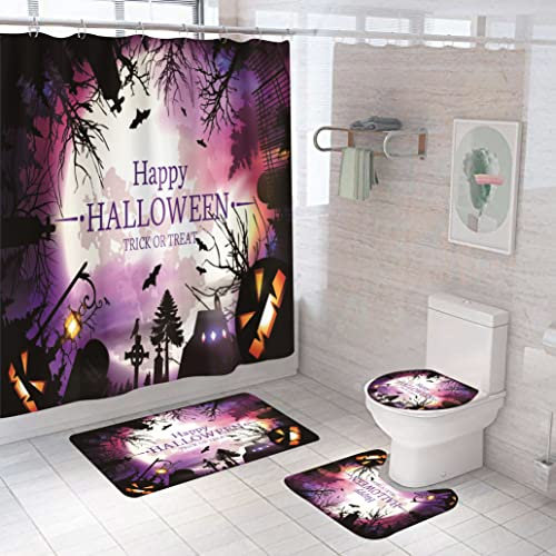 DDS-DUDES 4-teiliges Halloween-Duschvorhang-Set mit rutschfesten Teppichen, WC-Deckelbezug und Badematte, Kürbis-Zaubererhut, Mondschloss, Polyesterstoff, Dekoration, wasserdicht, 180,3 x 180,3 cm