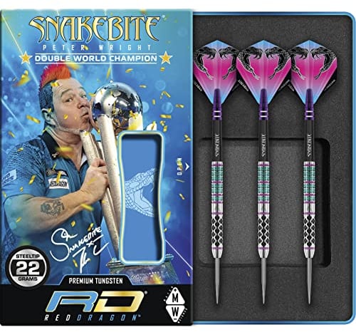 RED DRAGON Peter Wright Snakebite Supa-Venom 22 Gramm Premium Tungsten Darts Set mit Flights und Stielen