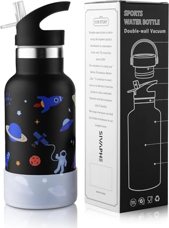 Sivaphe Kids Water Bottle Stainless Steel with Straw, 350ml Vacuum Insulated Drink Flasks for Boys and Girls for Sports and School, Outer Space