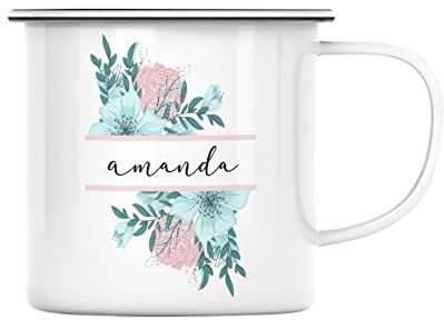 Mug en Métal Emaillé Frise Florale Personnalisable Nom ou Texte Fleurs Elegant Idée Cadeau Personnalisée