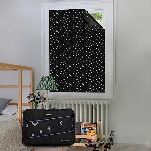 OBdeco Store occultant portable de voyage - 100 % occultant - Avec ventouses - Facile à installer - Convient à toutes les tailles et formes (lune et étoiles, 130 x 100 cm)