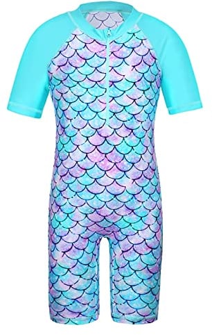 HUAANIUE Filles Maillot de Bain 1 Pièce 2-12 Ans, Anti-UV UPF 50+ Manches Courtes, Fermeture Éclair Frontale, Imprimés Colorés, Idéal pour Plage et Piscine (S253-Écailles Cyan, 5-6 Ans)