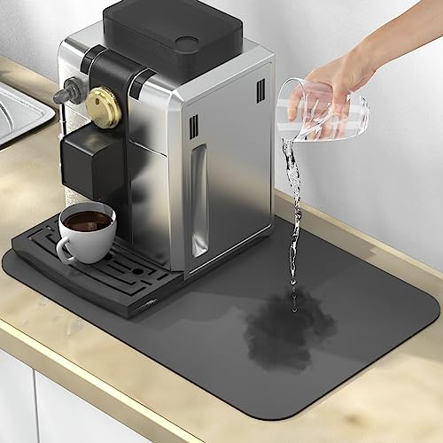 ARSUNOVO Coffee Mat, 24X16 Maker Mat for Countertops, Bar Accessories, Absorbs Quickly To Hide Stains, Rubber Non-Slip Design, Dish Drying Mat for Kitchen (Gray)