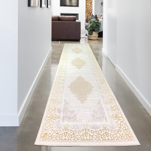 CARPETIA Teppich Mäandermuster Creme Gold mit Glanzeffekt 80x300 cm | Pflegeleicht, strapazierfähig und schmutzabweisend, OEKO-TEX geprüft, für Fußbodenheizung, mit Glanzeffekt