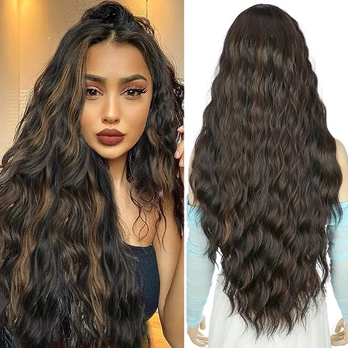 PORSMEER Damen Perücke dunkelbraun mit blond Lang Lockige Wellige Perücken für Frauen,Natürlich Mittelscheitel Lange Locken Haar 28 Zoll,für Alltag/Party/Cosplay