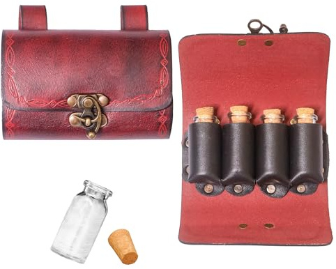 Lord of Battles Mittelalter Leder Trank Pouch mit 4 Glasflaschen - Gürteltasche für LARP, Cosplay, DND, Renaissance Faire, Alchemie, Steampunk, Fantasy Zubehör, Kastanienbraun, 12.2 cm X 7.3 cm