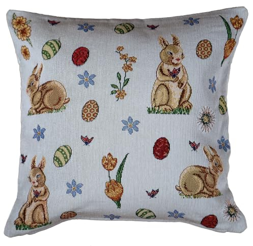 heimtexland Gobelin Dekokissen Ostern Deko Kissen Bezug mit Baumwolle Osterdeko Natur Kissenbezug Landhaus Sofakissen Typ884 Kissenhülle 40x40 cm Hasen Ostereier