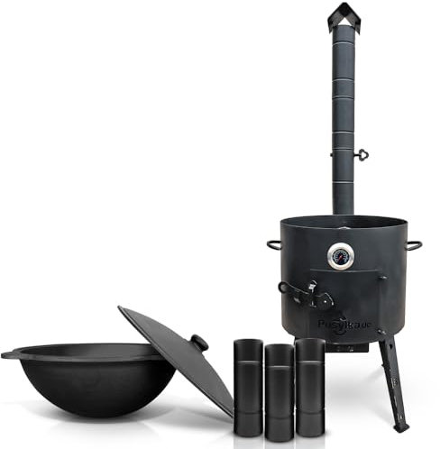 Utschak Feuerofen mit abnehmbarem Ofenrohr Gusseisen Topf runder Boden mit Deckel (12 L) KazanoFF, Учаг, Kazan Outdoor, Feuerschale, Camping, Kasan, Gulaschkanone Dutch Oven (Set 12R - 5)
