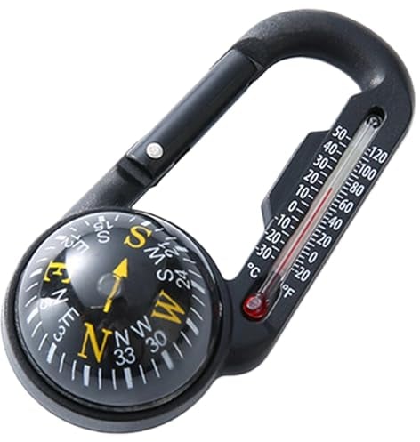 Kompass -Wanderüberleben, 1PC wasserdichte Plastik -Wanderkompass mit Karabiner und Thermometerclip auf einem kleinen Taschenkompass -Schlüsselbund für Outdoor Survival Campingzubehör, Wanderkompass