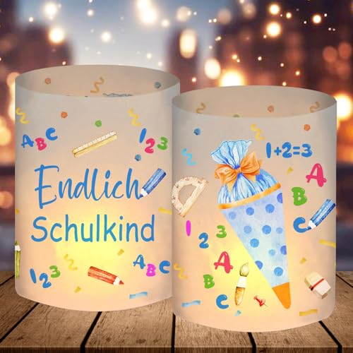 12 Windlicht Tischdeko Einschulung Junge, Einschulung Schulkind 2025, Schulanfang Deko Blau, Schuleinführung Einschulungsdeko mit Motiv ABC Schultüte, Geeignet für Teelichter oder Kerzen