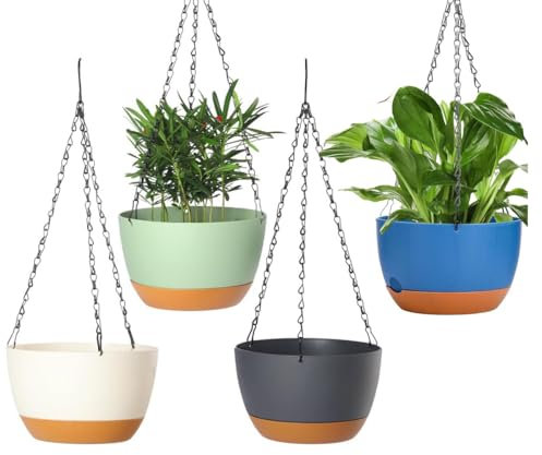 Aeetial Lot de 4 pots de fleurs à suspendre en plastique de 21 cm avec trou de drainage et plateau amovible pour plantes d'intérieur et d'extérieur, maison, jardin, porche, balcon, terrasse (4