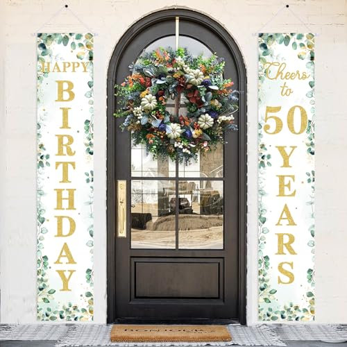 JOYMEMO Happy 50th Birthday Porch Sign Door Banner Decoration, Sage Green and Gold Welcome Hanging Door Banner for Women and Men, Cheer to 50 Years Old Birthday Party Decorations Supplies