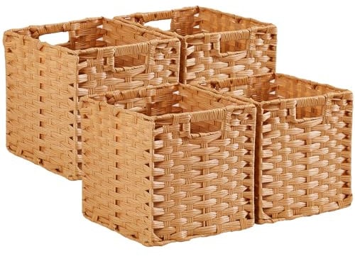 Mangata 28 cm Storage Cube Boxes for 30 cm Closet, Rattan Effect Storage Baskets, Wicker Woven Polyrattan Material Closet Organizer, 28x28x28 cm, Anti-Mould, Easy to Clean(Popcorn, 4 Pack)