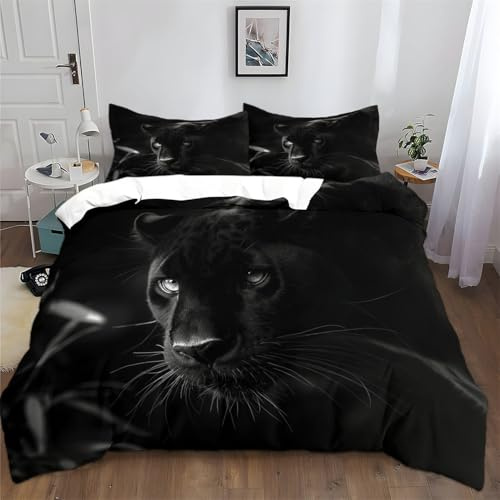 Srigzcaly Bettwäsche 135x200 cm Tier Schwarzer Panther, 3teilig Mikrofaser Deckenbezug für Jugendliche Kinder, Schwarz Wendebettwäsche - Weiche Bügelfrei & Knitterfrei Bettbezug mit Reißverschluss