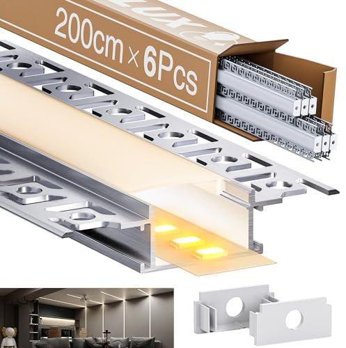 LASLUX 6 x LED Trockenbauprofil 2M Aluminium Profil für Strip Schiene Unterputz Kanal und Diffusor Aufputz für Indirekte Beleuchtung Decker (LED Drywall Profile -2M, 6)