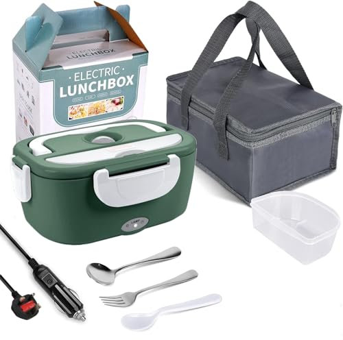 JIAKANUO Lonchera eléctrica portátil para calentar alimentos, lonchera bento para microondas con contenedor SS de 1,5 L, a prueba de fugas, 230 V/12 V/24 V para coche/oficina/cajuela 3 en 1 con