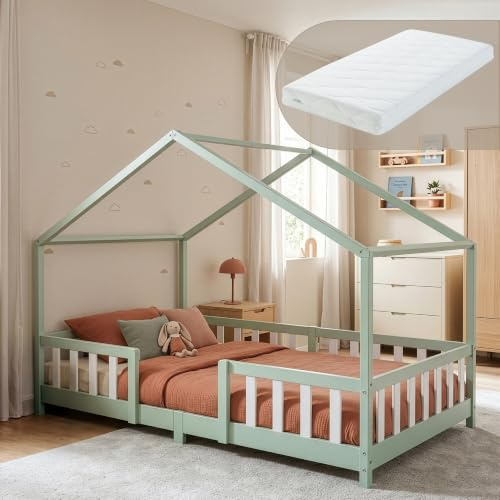[en.casa] Kinderbett Treviolo mit Matratze 120x200 cm Mintgrün/Weiß | Hausbett, Holzbett für Kinder, mit Rausfallschutz, Montessori, Bettgestell mit Lattenrost, Kiefernholz