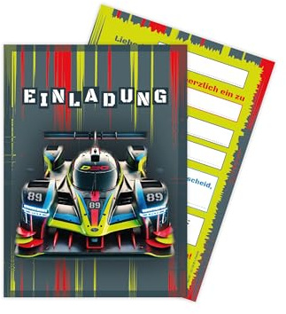 Limonia 12x Einladungskarten zum Kindergeburtstag Auto Rennauto - Geburtstagseinladung Unisex Coole Autos & Rennwagen Motive, Einladung für Autofans - Rennbolide