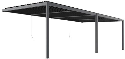 Primrose Deluxe Modern Patio Veranda Pergola Wall Mounted Carport Black Charcoal with Louvered Shutter Roof (6m x 3m)