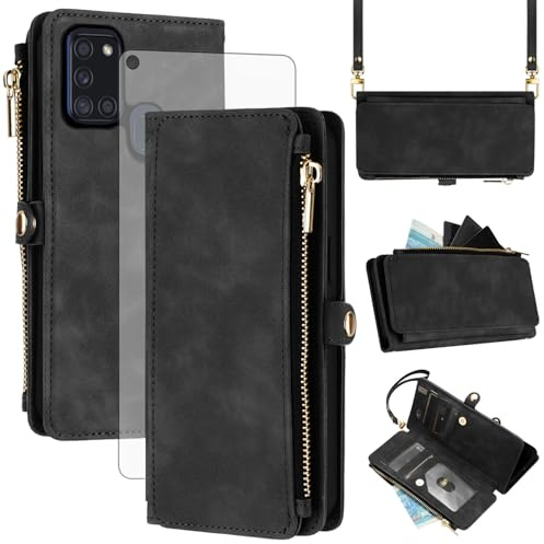 Asuwish Handyhülle für Samsung Galaxy A21S Hülle mit Band und Folie Schutzfolie RFID Kartenfach Klappbar Leder Blumen Geldbörse Ständer Reißverschluss Cover Handy Hüllen Schutzhülle Phone Case Schwarz