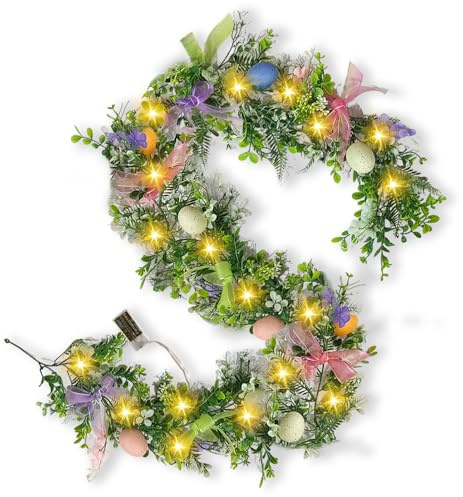 Ostergirlande mit Beleuchtung, 1.8M 20 LED Osterdeko Girland, Tannengirlande Künstlich mit Ostereier und Blumen, Frühling Ostern Deko Girlande zum Aufhängen für Innen Außen, Frühlingsdeko (1.8M)