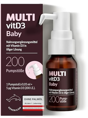 MULTIvitD3 Baby Vitamin D3 in praktischer Dosierpumpe für Babys & Kleinkinder ab dem 1. Tag, für normales Knochenwachstum & Immunsystem, palmöl-, gluten- & laktosefrei, vegetarisch, 200 Pumpstöße