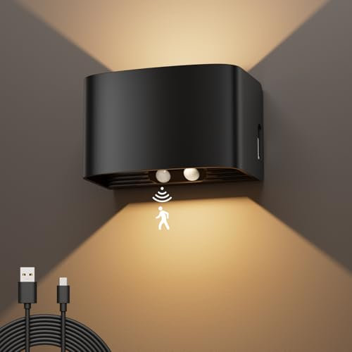 WOKWOYIO Applique Murale à Détecteur de Mouvement avec, 3000K, Lumière Murale sans fil LED, Applique Murale Haut et bas, Batterie Rechargeable 5500mAh, Angle de faisceau réglable, 1 Pièces