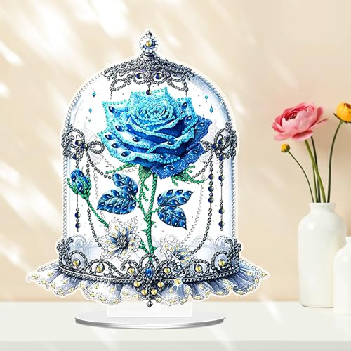 Alovez Blaue Rose Diamond Painting Deko Aufsteller Diamond Painting Tischdeko 5D Diamant Painting Bastelset für Wohnzimmer Schlafzimmer Esstischdekoration