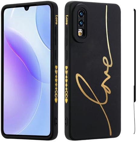 HAONANDE Étui pour Huawei P20, Housse Mignon Bling de Luxe pour Filles Femme avec Doré Motif de Coeur d'amour dragonne Cordon, Ultra Fine Souple TPU Antichoc Coque Noir