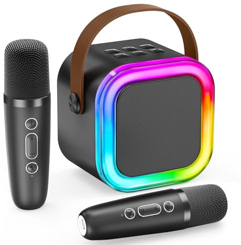 IROO Micro Karaoke Enfant Karaoke Enfant avec 2 Microphones, Microphone pour Filles Cadeaux pour Enfants Enceinte Bluetooth Portable avec Effets de Changeur de Voix et Lumières LED (Noir)