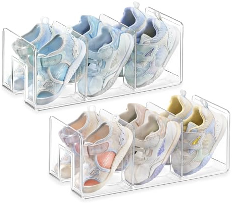 Famyards Verbreitertes 10,5 cm transparentes Acryl-Schuhregal für Schrank-Organizer und Aufbewahrung, 2 Stück, 3 Fächer, für kleine Kleinkinder, Baby-Schuhe, Organizer, Regal, Schreibtisch-Aktenordner