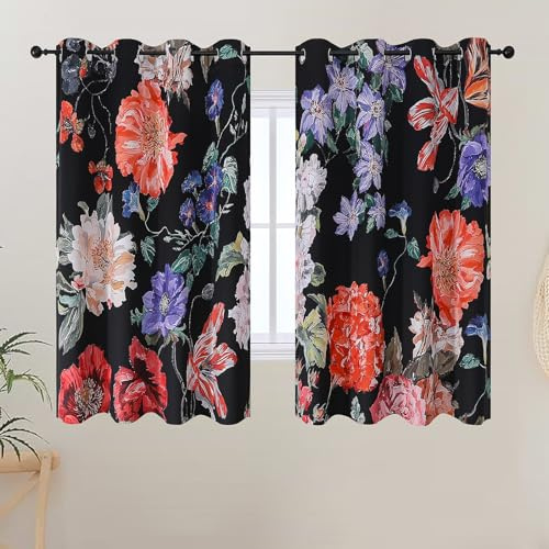 VEHEDE Floral Curtains, Mid Century Vintage Black Room Darkening Curtain for Bedroom with Printed Flower Pattern, 2 Panels Eyelet Thermal Insulated Boho Drapes for Living Dining Room W52 X L54 Inch