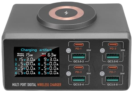 USB -Ladegerät, 140W 8 Port Mehrere USB -Ladestation mit 4 Schnellladung 3.0, 4 USB -C -PD -Anschluss, LCD -Display Schneller Lade -Hub mit Einer Magnetischen Drahtlosen Ladung