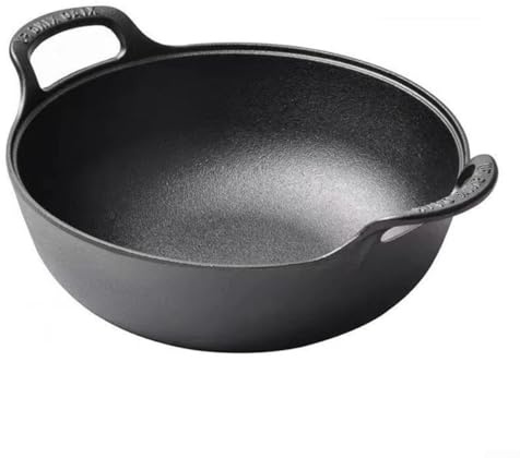 URPIZY Gusseisen Wok Mit Flachem Boden Und Holzdeckel Für Induktion Elektro Gasherde Vielseitig Zum Braten Schmoren Dämpfen Schnelle Hitzeverteilung Leicht Zu Reinigen 25x25x7cm Schwarz(A)