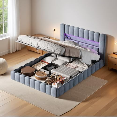 SUNFECILI Polsterbett Bubble Bett 180x200 cm, Doppelbett Stauraumbett Jugendbett mit Bettkasten und Stauraum-Kopfteil, Funktionsbett (Grau + Samt, 180x200cm)