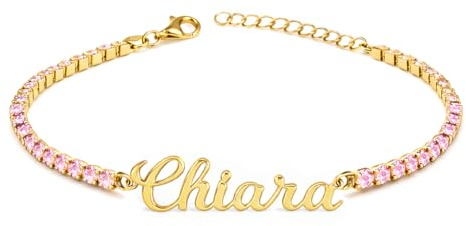 Sakrami Bracciale con Nome Tennis Personalizzato Corsivo Argento 925 Rodiato o Placcato Oro con Zirconi Bianchi Rosa Multicolor, Regalo Donna Ragazza Laurea Compleanno Comunione