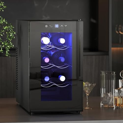 Mengtu Mini Table Top Wine Fridge, 8 Bottle, 17L, 8-18℃, 26.5cm Quiet Under Counter Wine Cooler Fridge with Glass Door, LED Light, Digital Touch Screen, Temperature Control ZSSCB-UKT3398P343508UK