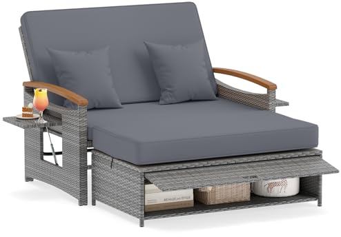 COSTWAY Lounge Möbel Outdoor, Gartensofa mit Liegefunktion | Gartenlounge mit Kissen & Seitenablagen, Rattan Lounge Sofa, Loungebett, Doppelliege 2 Personen, Balkonmöbel Kleiner Balkon