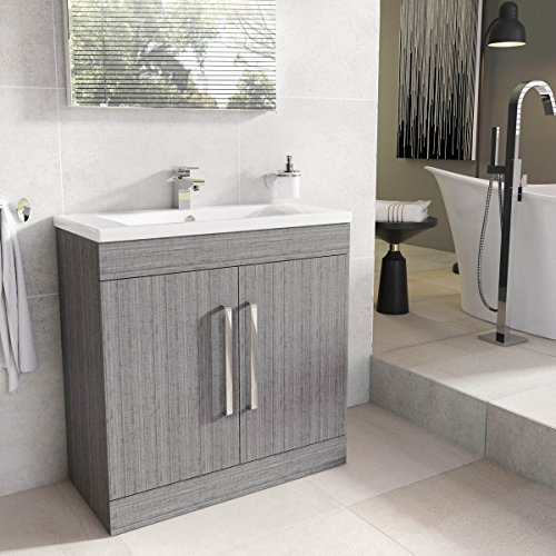 The Bath People Newton 800mm Bathroom Light Grey Vanity Unit | Floor Standing Includes Ceramic Resin Basin With Soft Close Doors | Bathroom Storage Furniture