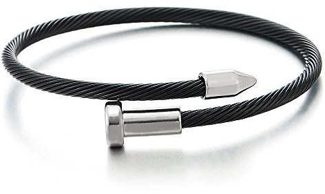 iMETACLII Herren Damen Dünne Edelstahl Armband Verdrehten Stahlkabel Armreif mit Nägel Spike, Silber Schwarz, Verstellbare