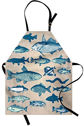 ABAKUHAUS Fisch Schürze, Vintage Meeresfrüchte-Zusammensetzung, Unisex-Küchenlätzchen mit verstellbarem Hals für Kochen Gartenarbeit, 67 cm x 80cm, Beige Aqua