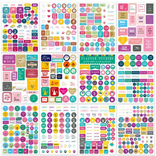 Planner Stickers, 12 Pcs Adesivi per Bullet Journal Scrapbook, Mini Stickers Agenda per Promemoria Piani Eventi Famiglia, Multicolore(#A)