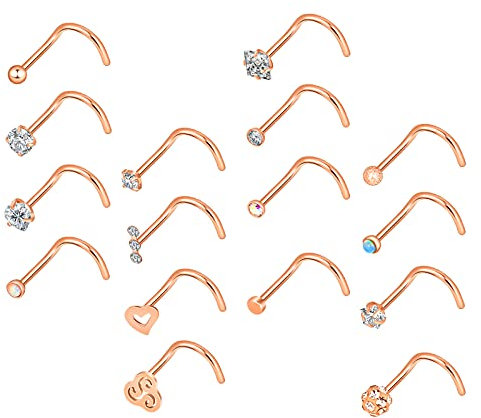 Longbeauty 16 Stück Edelstahl Piercing Set Nasenring Lippenring Stecker Ring Set Körper Piercing Set Nasenstecker C-Form Rosegold