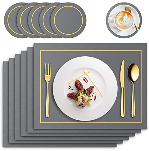 RIWNNI Tischsets PU Leder 6er Set, Platzsets und Untersetzer Set, Abwaschbar Lederoptik Platzdeckchen, Wasserdicht Rutschfest Hitzebeständig Kunstleder Tischset, 41x31cm Esstisch Unterlage, Dunkelgrau