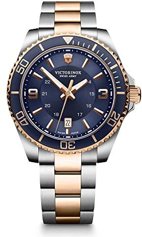 Victorinox Herren Armbanduhr Maverick Large Ø 43 mm, Swiss Made, Analog Quarz, Wasserdicht bis 100 m, Blau/Silber/Roségold