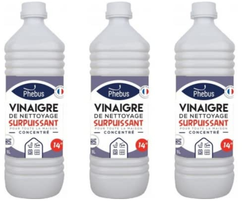 DSTOCK60 - LOT DE 3 BOUTEILLES DE 1 LITRE DE VINAIGRE BLANC NATUREL CONCENTRÉ 14 Degrés (PHEBUS produit d’origine garantie) - DÉGRAISSE, DÉTARTRE, DÉSHERBE - MAISON et JARDINAGE