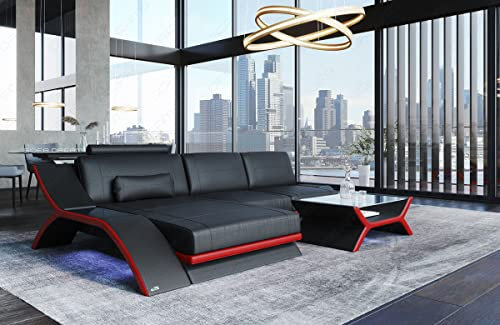 Ledersofa Calabria L-Form Ecksofa mit Kopfstützen und USB Sofa mit Beleuchtung Designersofa (Ottomane Links, Schwarz-Rot)